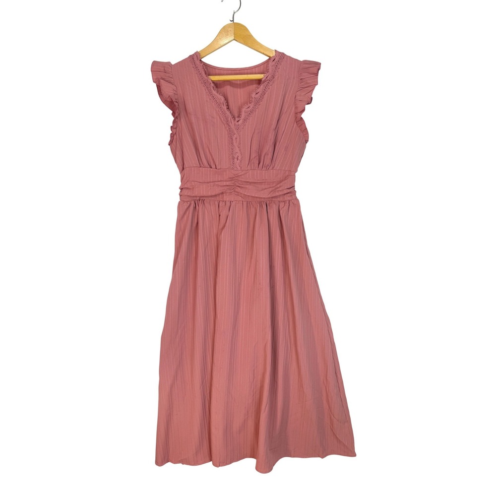 SHEIN Womens Dusty Rose Flutter Sleeve Lace Trim Smocked Waist Maxi Dress Size 6